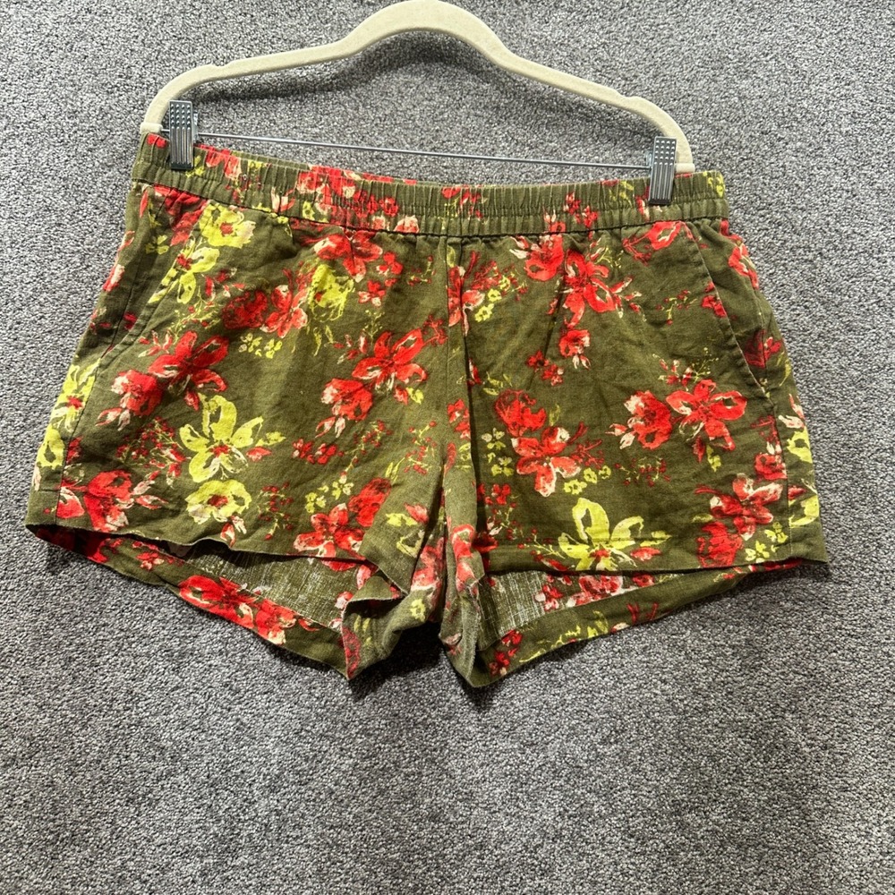 KUT from the Kloth 100% Linen Shorts Women 12 Olive Green Floral Pull On Comfort